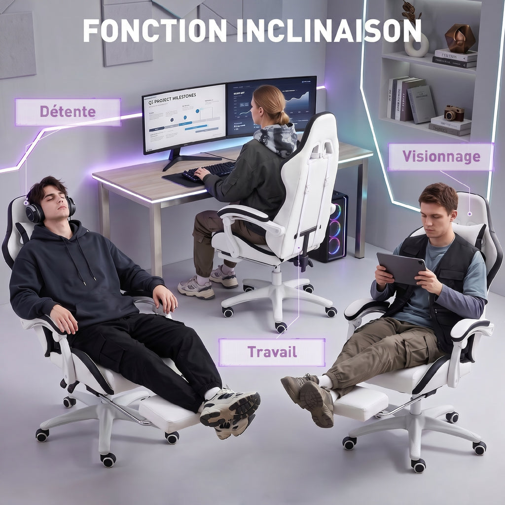 Siège gaming fauteuil gaming dossier inclinable 135° avec appui-tête repose-pieds 65l x 65P x 121-129H cm blanc et noir-4