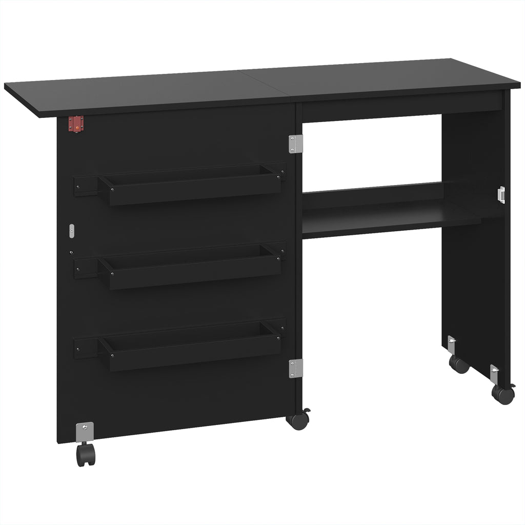 Table de couture pliante meuble couture à abattant avec bacs de rangement, étagère ouverte et roulettes, noir-0