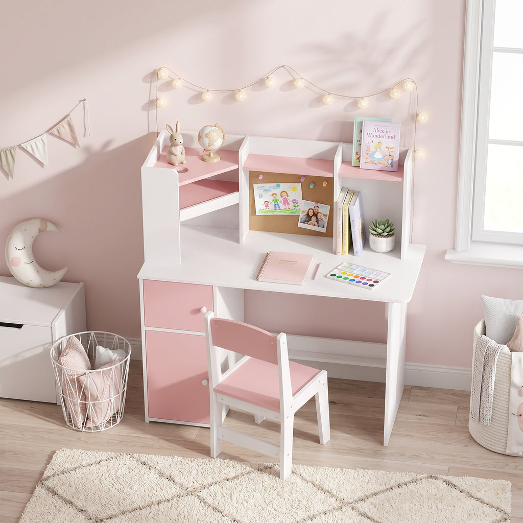Bureau Enfant avec Chaise, Table d'Étude, Support de Tablette Réglable, Porte-Stylos, Panneau en Liège, 5-12 ans, Rose-9