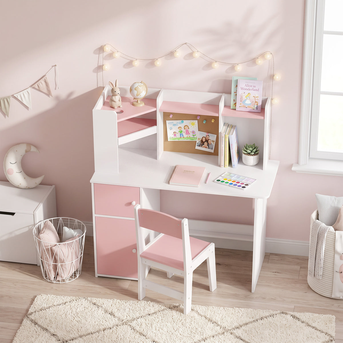 Bureau Enfant avec Chaise, Table d'Étude, Support de Tablette Réglable, Porte-Stylos, Panneau en Liège, 5-12 ans, Rose-9