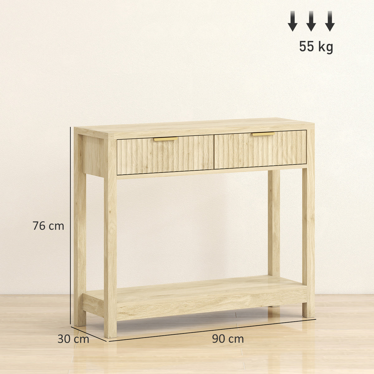 Console meuble 90 cm, table console étroite avec 2 tiroirs rainurés et étagère, style moderne, bois naturel-2