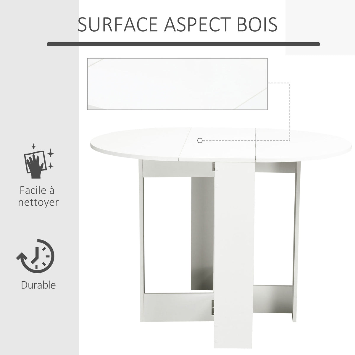 Table pliable de cuisine salle à manger 2 abattants - table ovale extensible - 104L x 76l x 73,7H cm en bois blanc-4