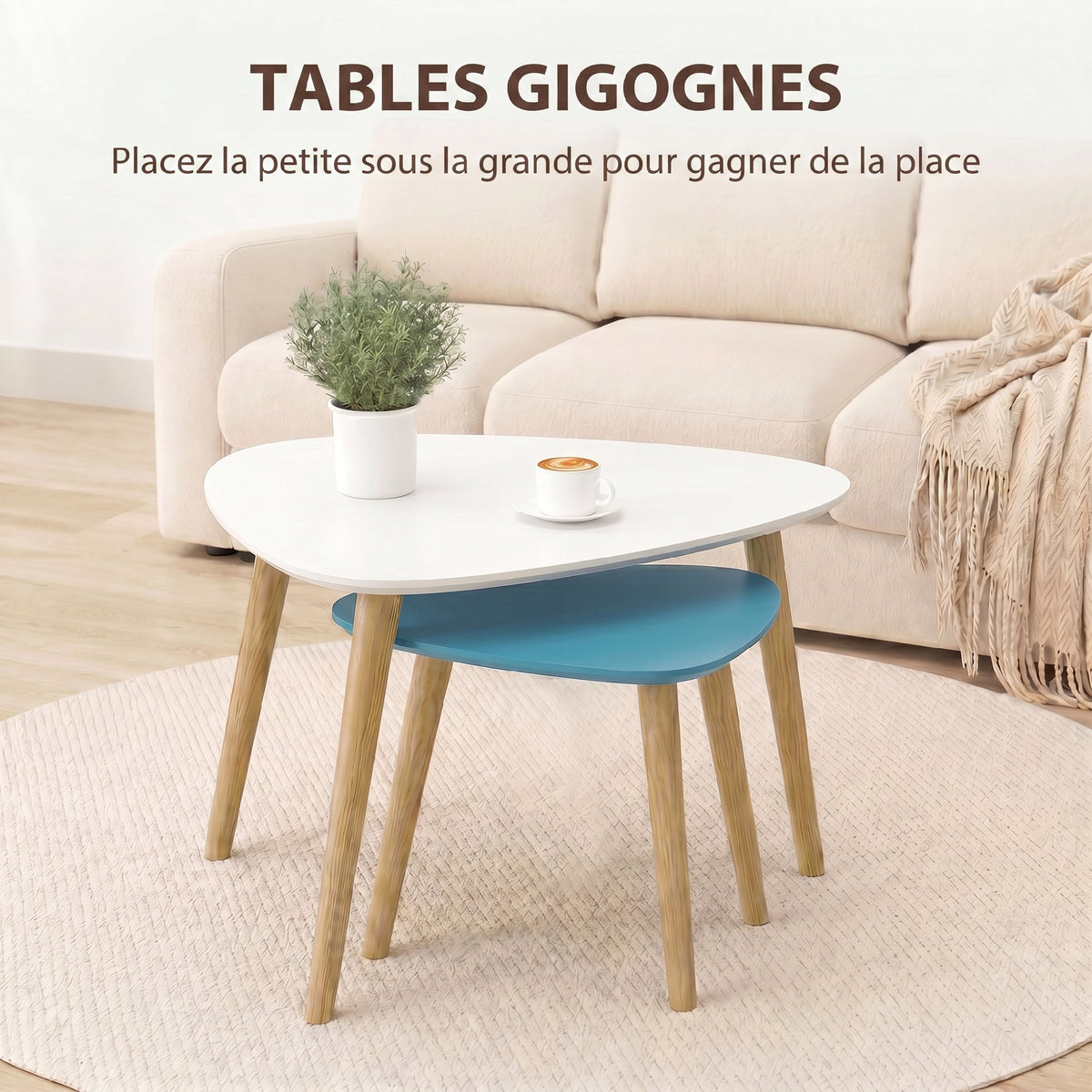 Lot de 2 tables basses gigognes design scandinave pieds en bois et plateau en bois, blanc et bleu-3