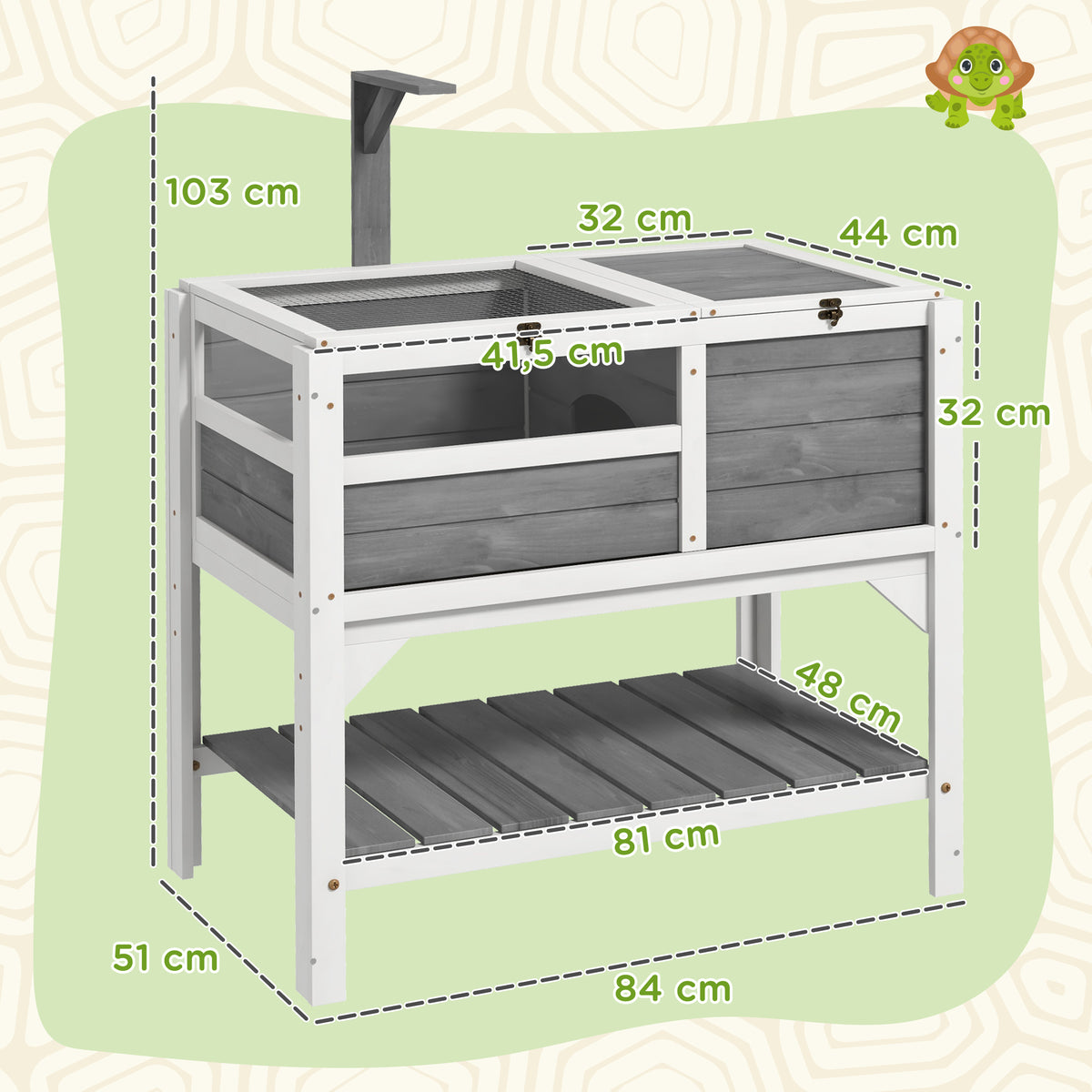 Maison enclos pour tortues sur pieds avec étagère de rangement en bois massif - 84 x 51 x 103 cm-2