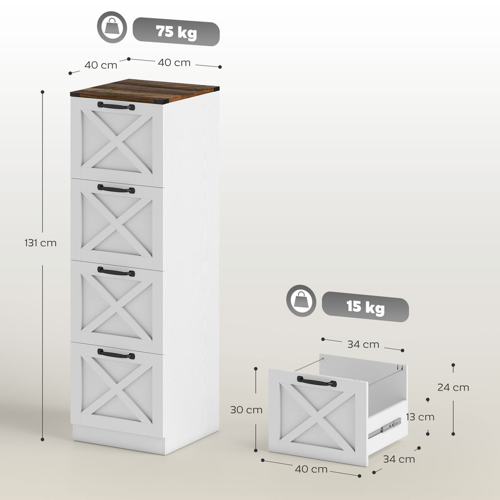 Caisson de Bureau avec 4 Tiroirs, Dossiers Suspendus pour Formats Lettre/A4, Style Rustique, 40x40x131cm, Blanc-2