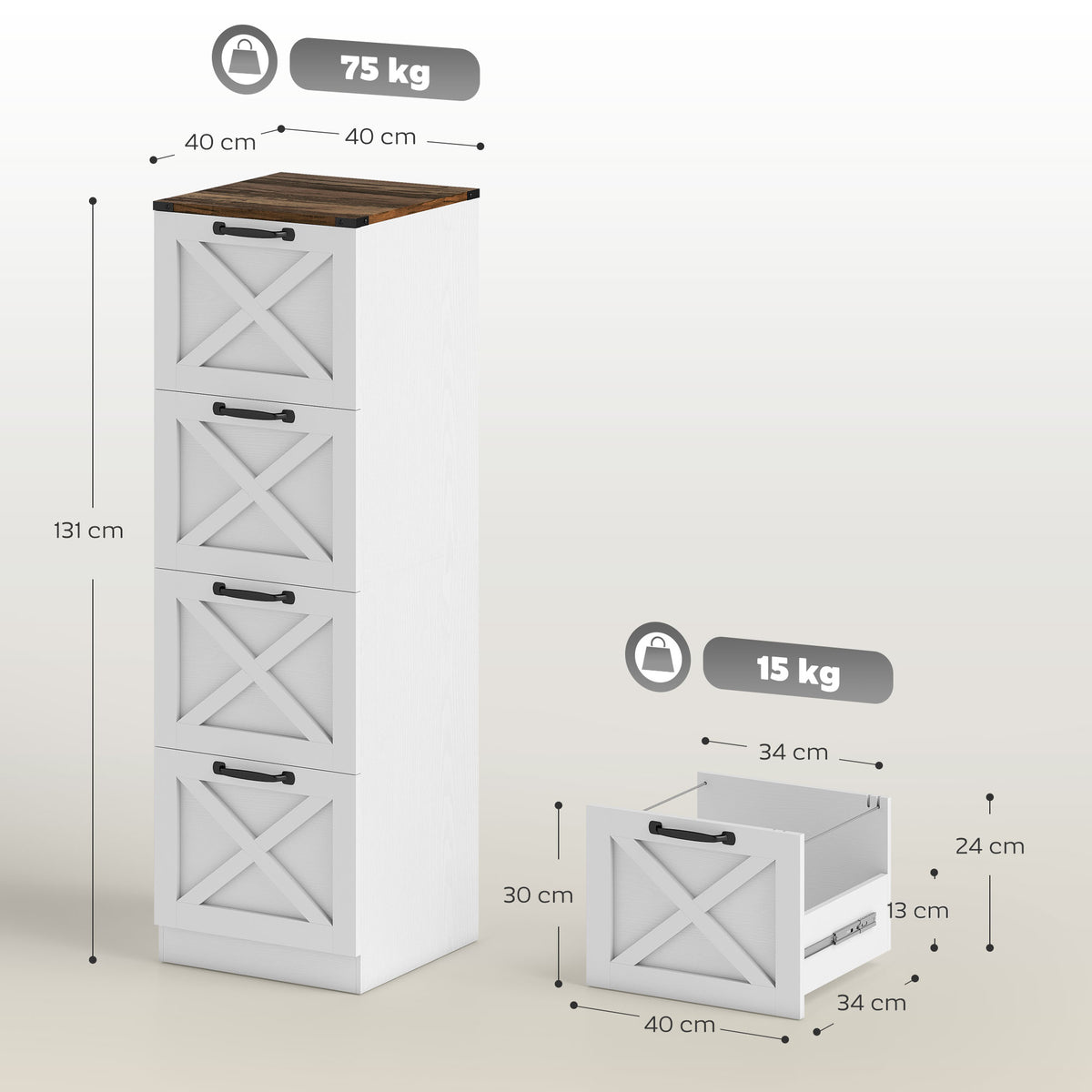 Caisson de Bureau avec 4 Tiroirs, Dossiers Suspendus pour Formats Lettre/A4, Style Rustique, 40x40x131cm, Blanc-2