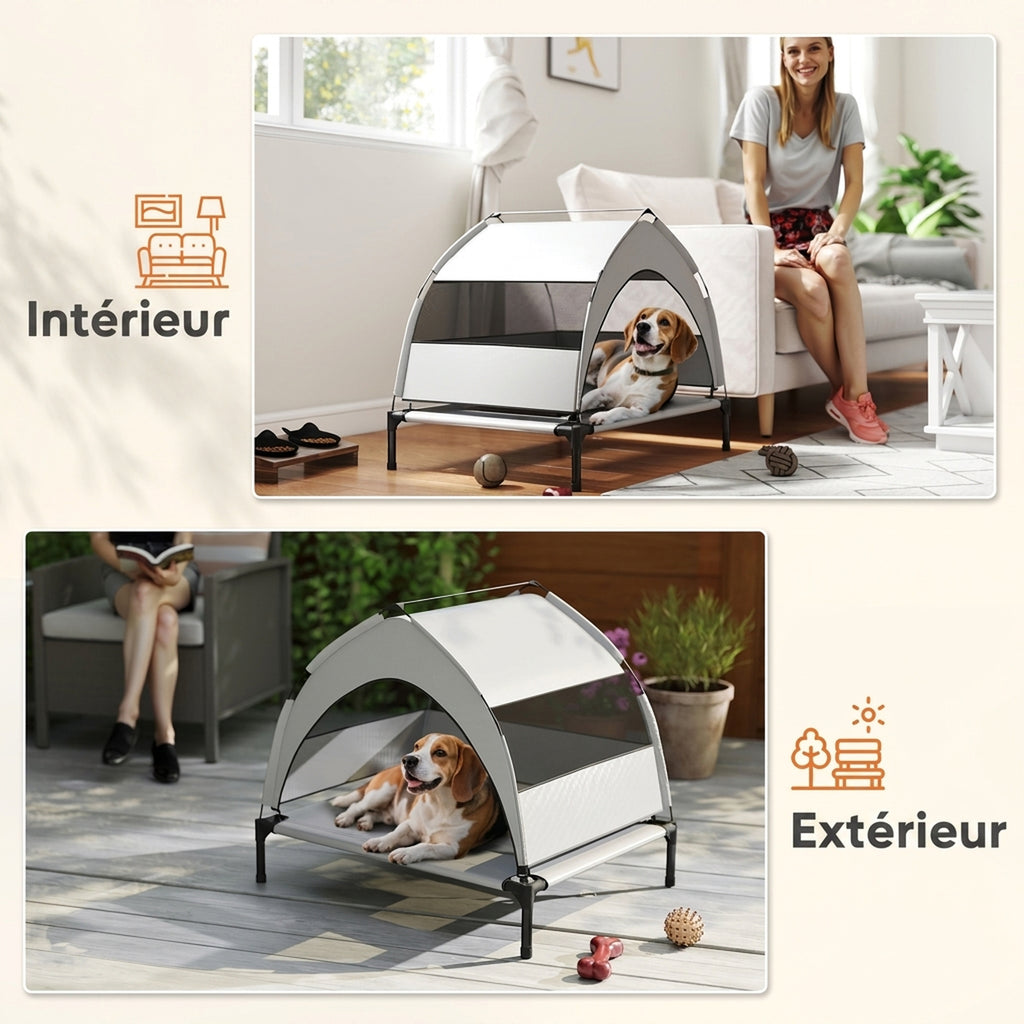 Lit pour Chien Surélevé Tente pour Chien avec Auvent Tente 3 Côtés Respirant Textilène Sac 76x61x70cm Gris Clair-6