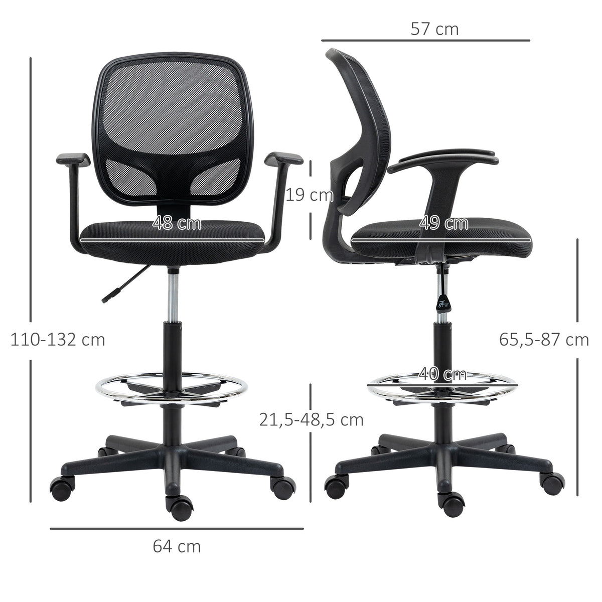 Chaise bureau ergonomique, chaise de dessin, repose-pieds, dossier en maille, hauteur réglable, 64x57x110-132cm, noir-2