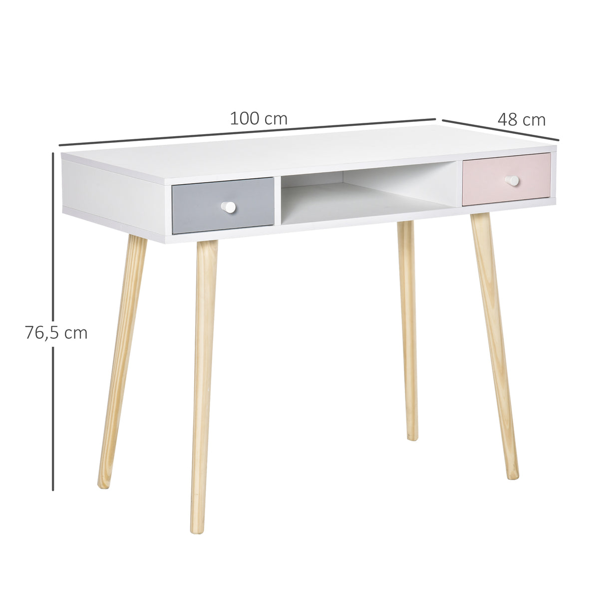 Bureau enfant style scandinave avec tiroir et compartiment de rangement 100L x 48l x 76,5H cm MDF et pin blanc gris et rose-2