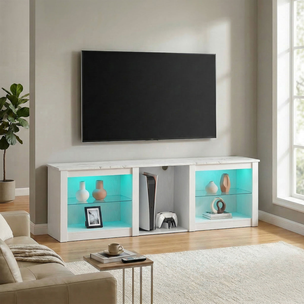 Meuble TV avec éclairage LED pour télévision jusqu'à 70 pouces, 160cm avec étagères en verre réglables, blanc-7