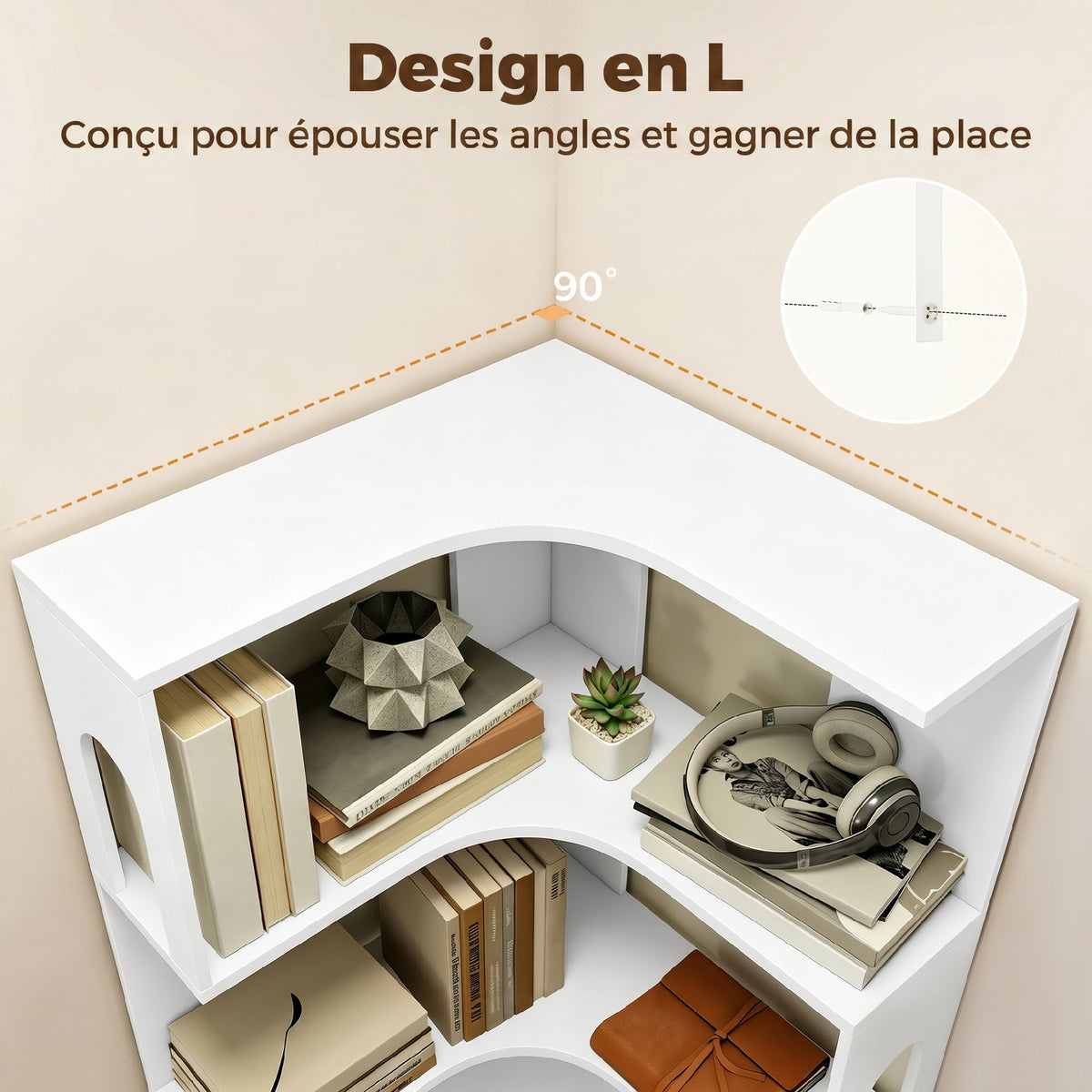 Bibliothèque d'angle, étagère de rangement à 6 niveaux avec panneaux latéraux arqués, 60 x 60 x 165,5 cm, blanc-4