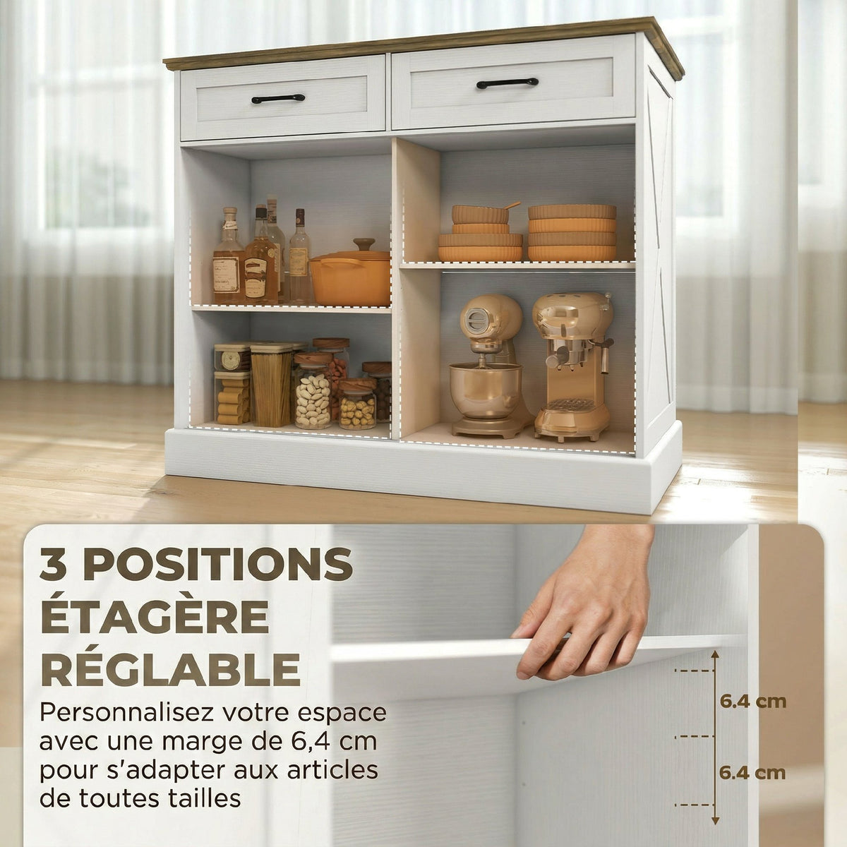 Buffet cuisine, buffet cuisine, meuble de rangement avec 2 tiroirs 2 portes coulissantes, étagère réglable, blanc-5