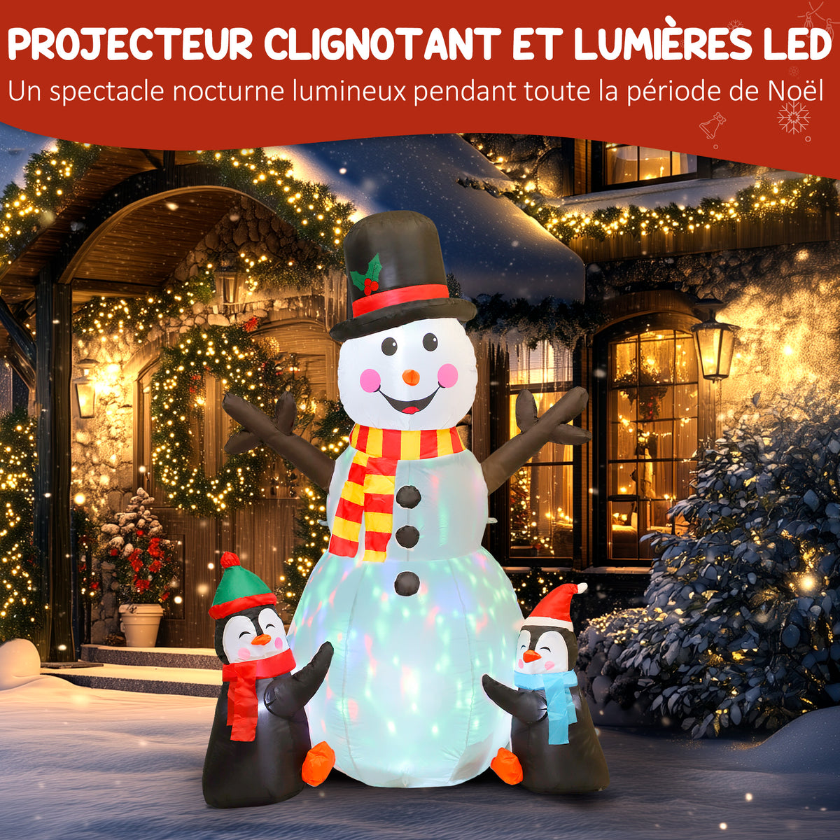 Bonhomme de neige et pingouins gonflable de Noël de 180 cm avec lumières LED, décoration de Noël intérieur et extérieur-3