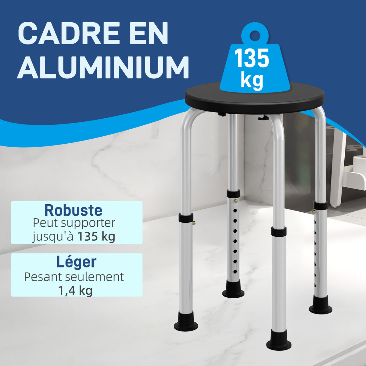 Tabouret de Douche réglable en Hauteur siège de Douche Ergonomique Pieds antidérapants Charge Max. 136 Kg alu HDPE Noir-3