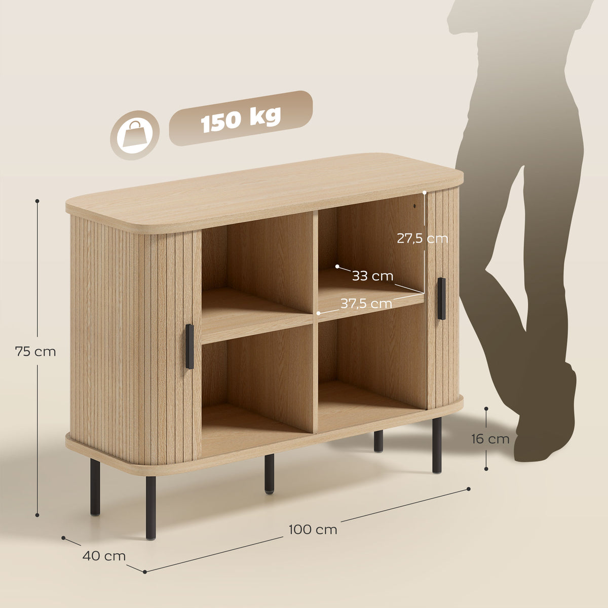 Buffet salon, meuble de rangement avec 2 portes coulissantes en tambour à lattes et 4 compartiments, chêne-2
