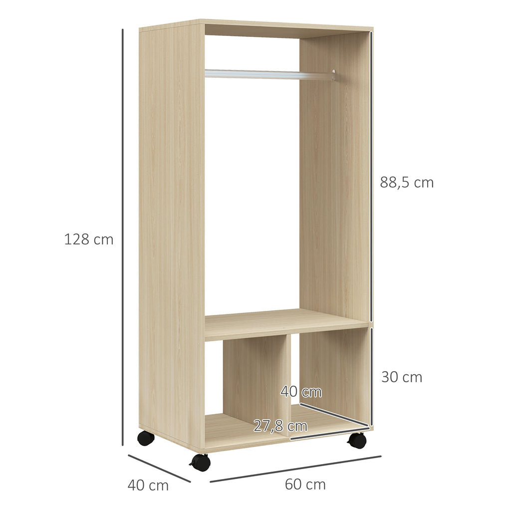 Armoire penderie étagère 2 niches penderie 4 roulettes pivotantes dim. 60L x 40l x 128H cm bois naturel-2