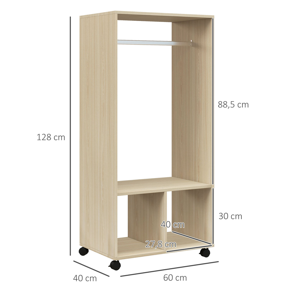 Armoire penderie étagère 2 niches penderie 4 roulettes pivotantes dim. 60L x 40l x 128H cm bois naturel-2