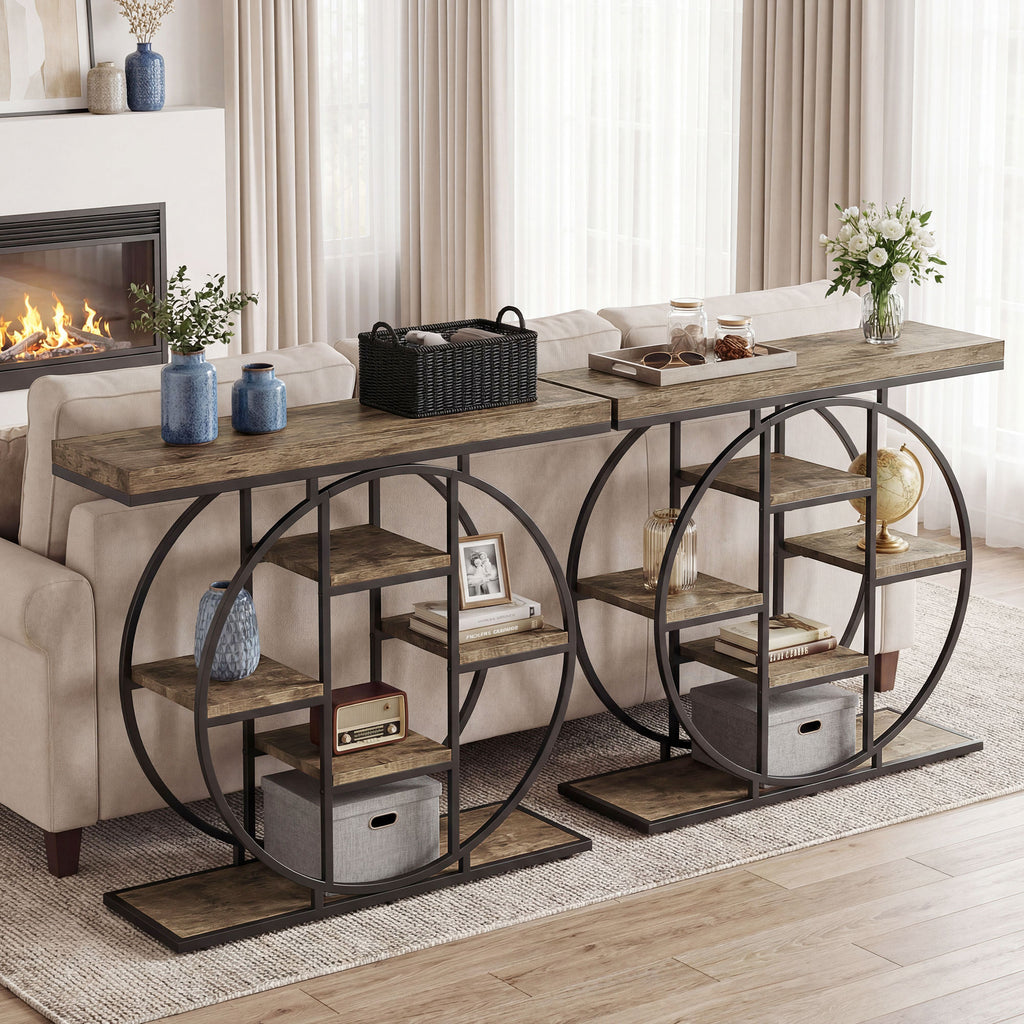 Table Console d'Entrée Meuble d'Entrée Industrielle 6 Étagères Rangement Plateau 4cm 100 x 30 x 81,5cm Marron Rustique-6