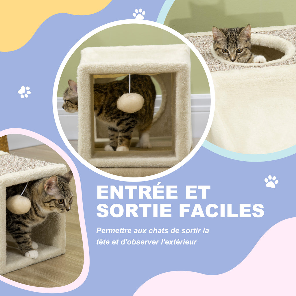 Tunnel pour chat intérieur jouets pour chats avec balle suspendue entrées multiples en sisal 98 x 30 x 30 cm crème-5