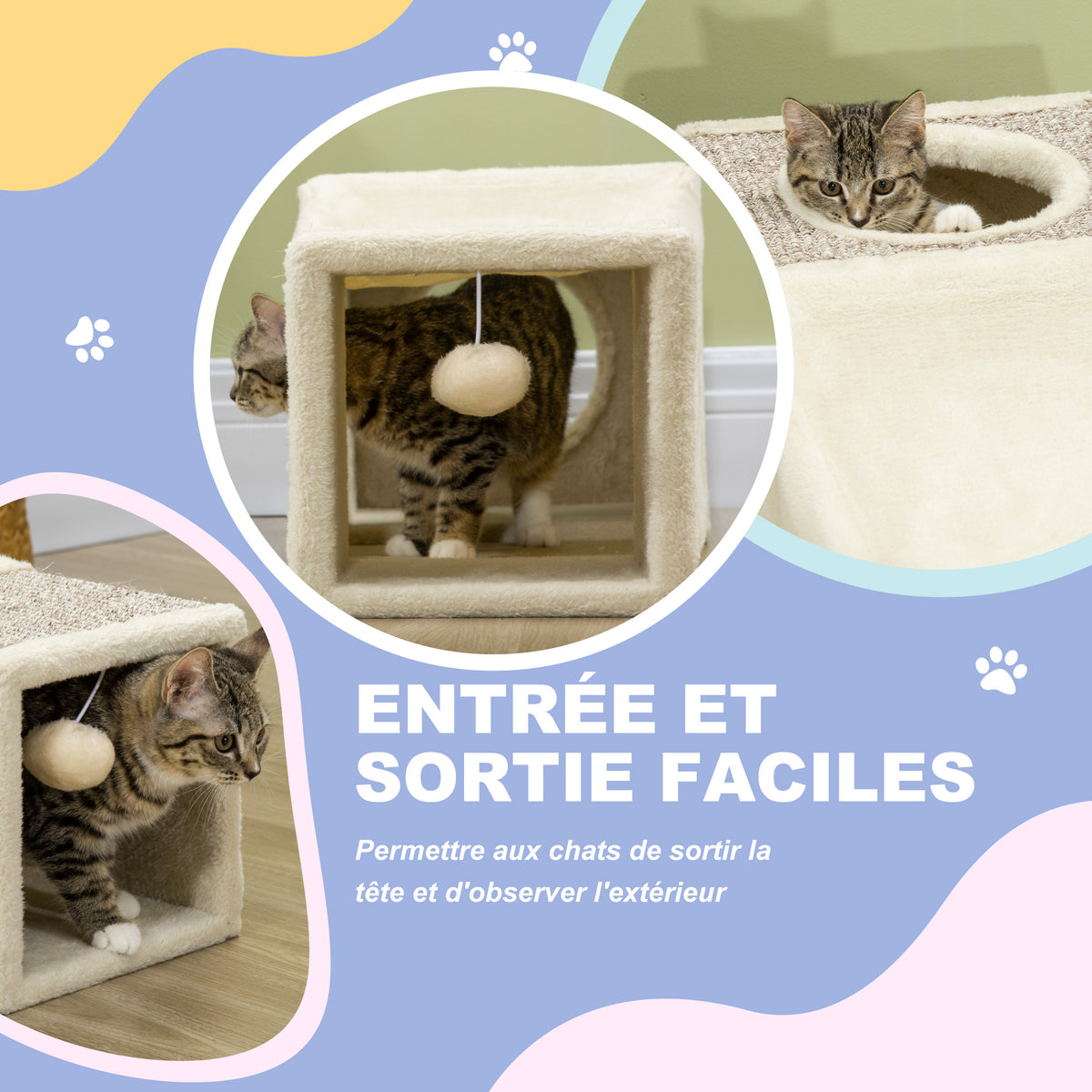 Tunnel pour chat intérieur jouets pour chats avec balle suspendue entrées multiples en sisal 98 x 30 x 30 cm crème-5