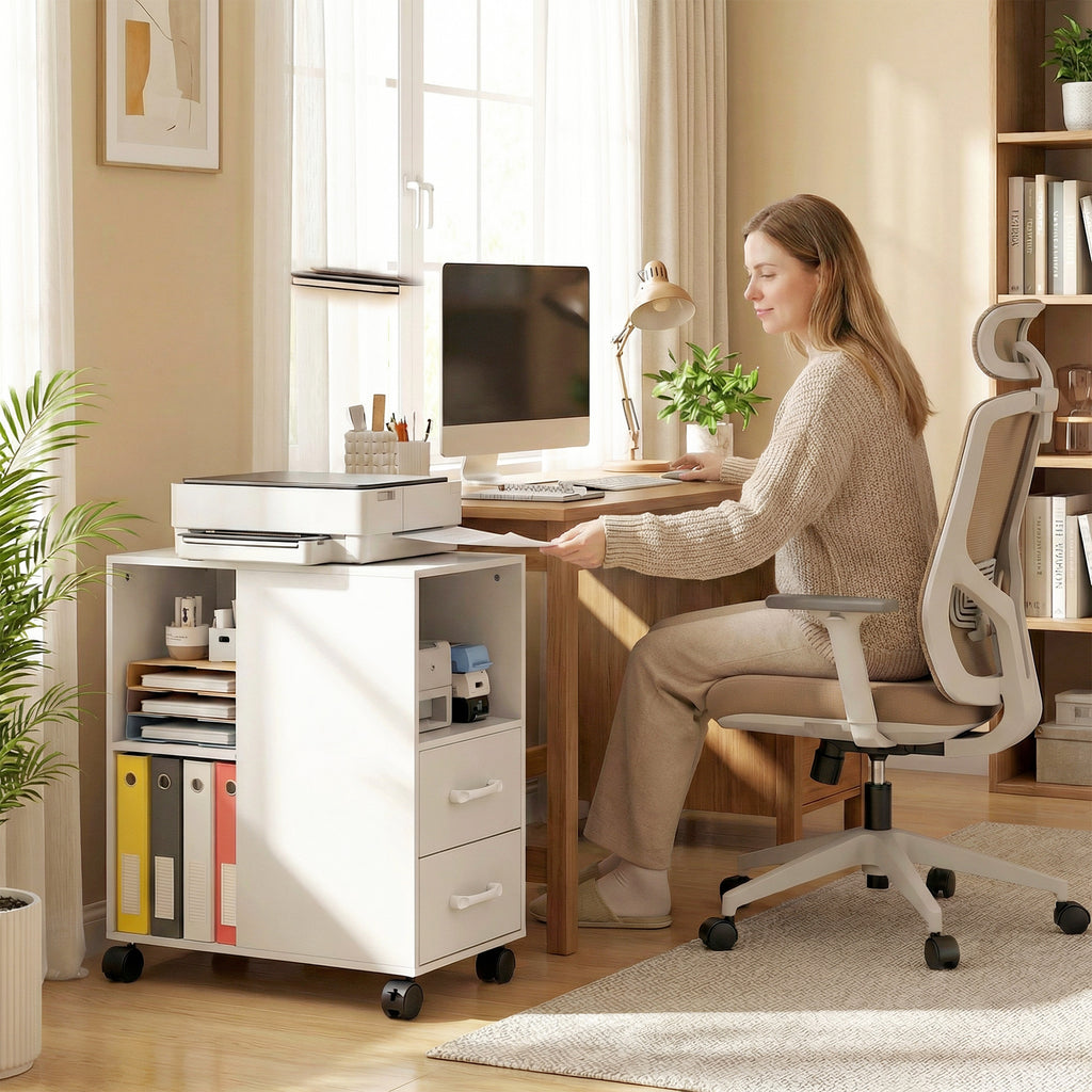 Support d'imprimante, meuble de rangement sur roulettes avec tiroirs, étagère réglable et compartiment ouvert, blanc-3
