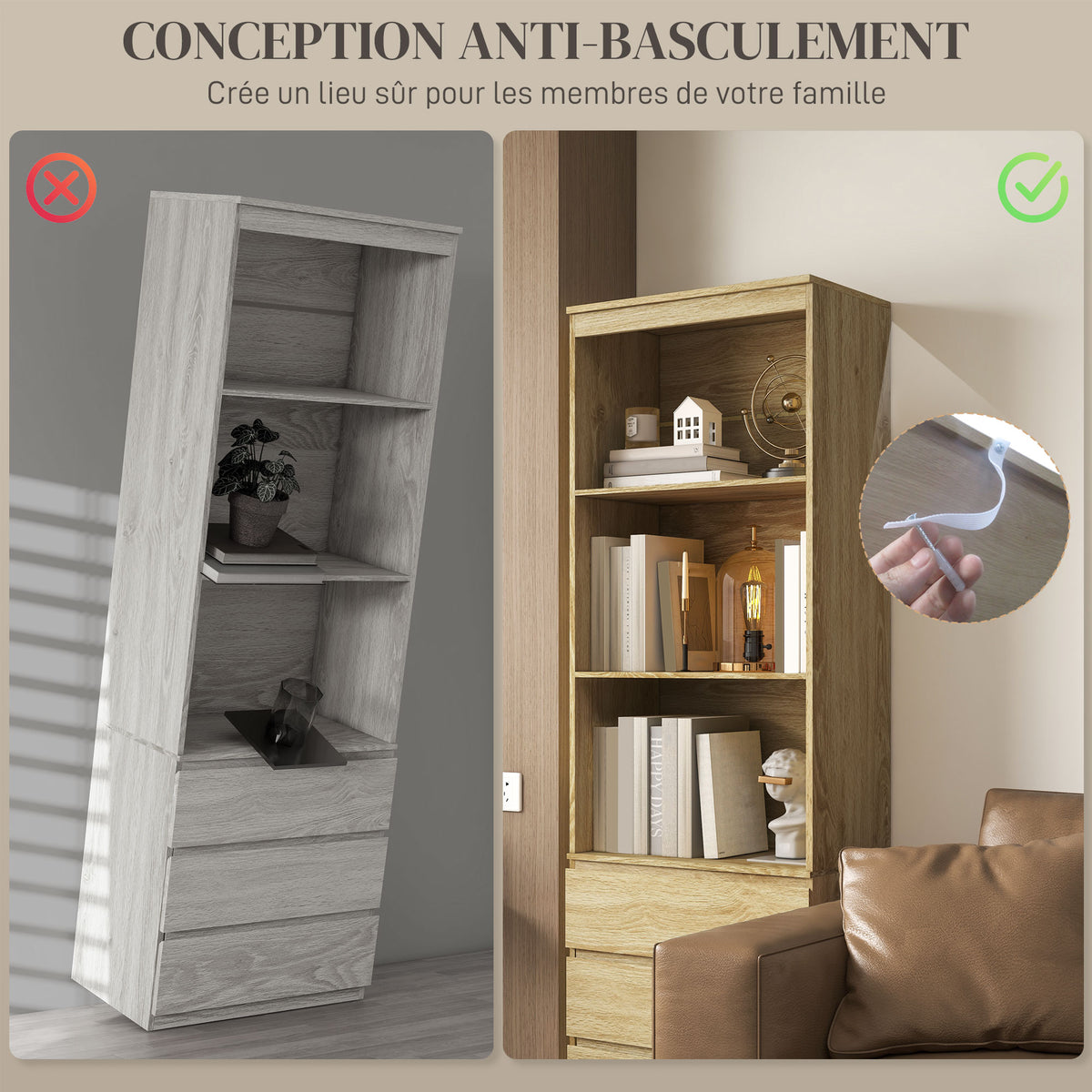 Bibliothèque haute de 180 cm avec 3 étagères et 3 tiroirs dim. 60L x 35l x 180H cm Panneaux Particules effet bois-4