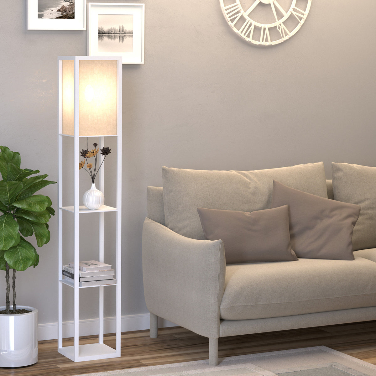 Lampadaire étagère 26L x 26l x 160H cm 3 étagères 4 Niveaux MDF Blanc-9