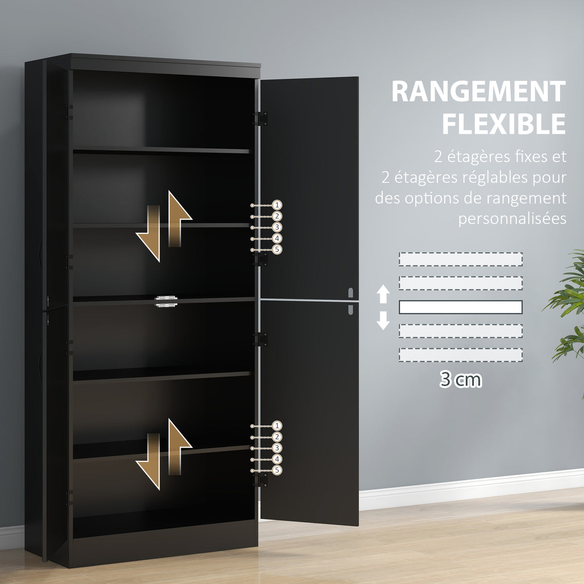 Buffet haut cuisine, armoire de cuisine avec 4 portes à 6 niveaux et étagères réglables, 76 x 40 x 176,7 cm, noir-4