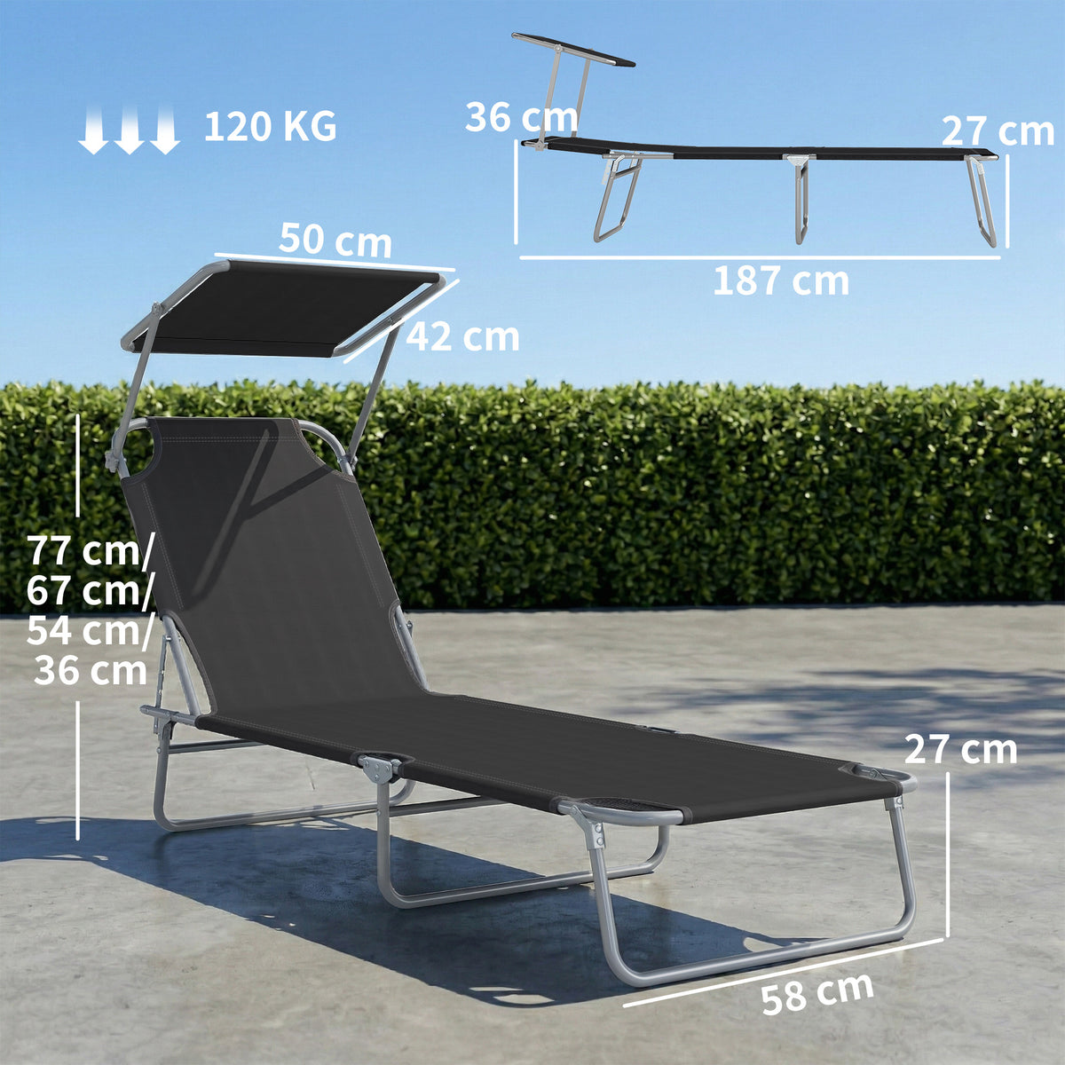 Transat Bain de Soleil Pliable Chaise Longue Pliante Grand Confort Dossier Inclinable Multi-positions et Pare-Soleil réglable Dim. 187L x 58l x 36H cm Noir-2