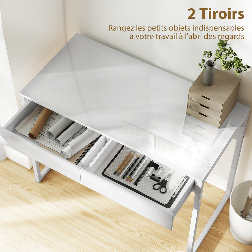 Bureau avec 2 tiroirs, table d'ordinateur 100 x 50 cm, bureau moderne pied en acier, pour petits espaces, blanc brillant-3