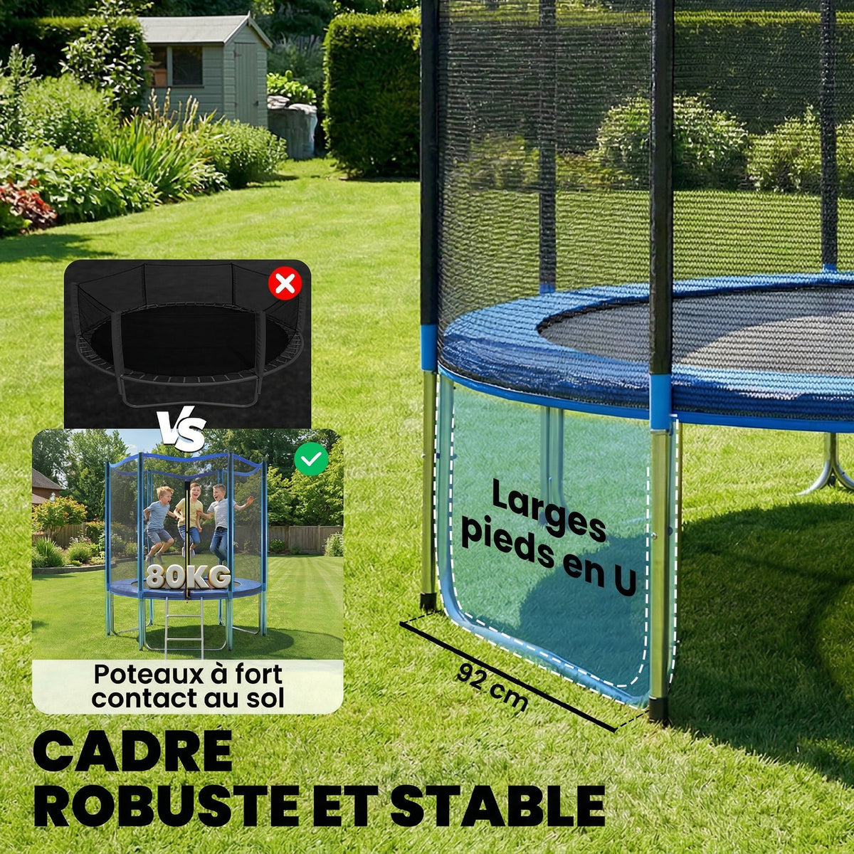Trampoline Extérieur Trampoline de Jardin Enfants et Adultes 6 Poteaux au Sol  Charge 80kg 36 Ressorts Ø183cm Bleu-3