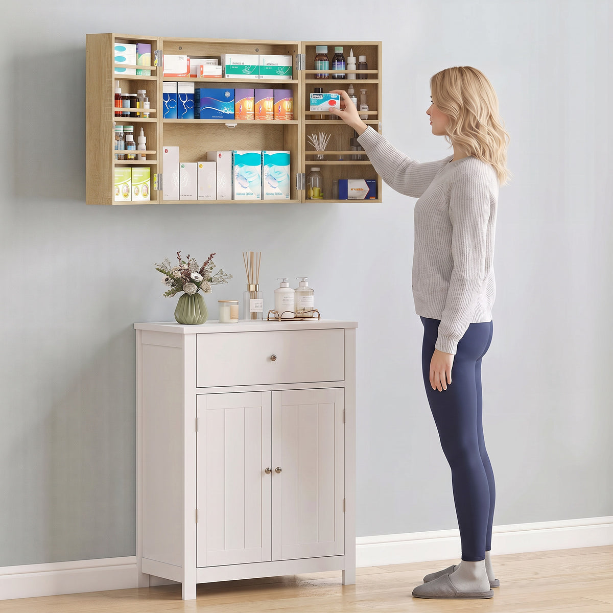 Armoire à pharmacie murale, armoire à médicaments avec double porte verrouillable 2 clés, 53x20x53cm, chêne-8