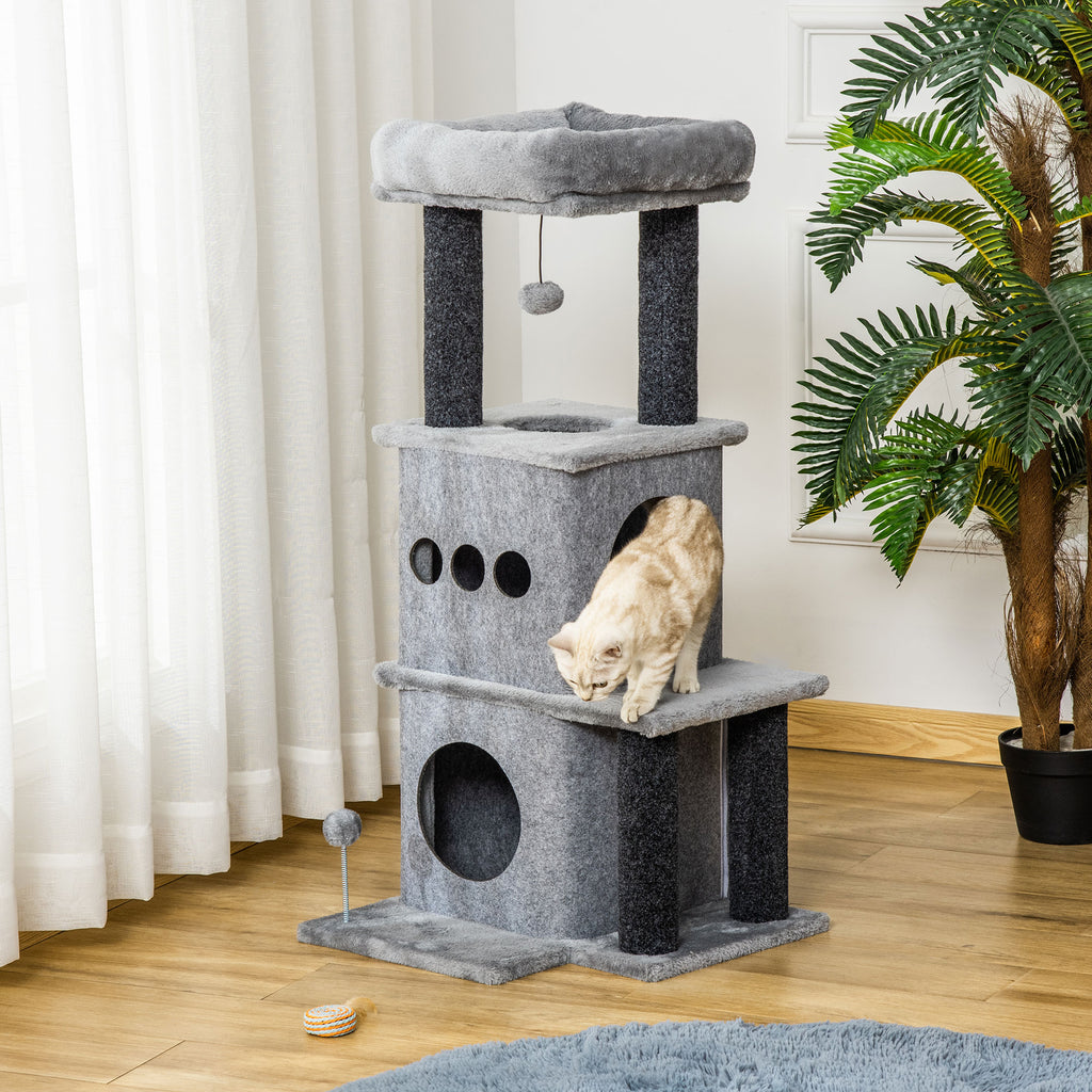Arbre à chats design cosy chic multi-équipements centre d'activités niches plateformes lit jeu boule feutres amovibles lavables panneaux de particules peluche courte 48 x 48 x 100 cm gris-1