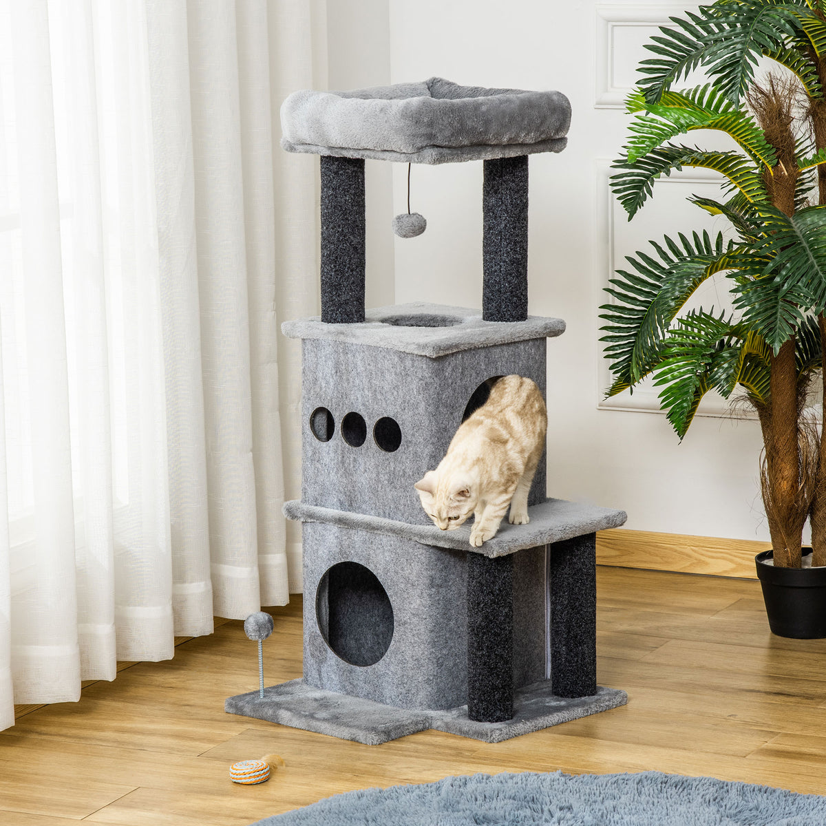 Arbre à chats design cosy chic multi-équipements centre d'activités niches plateformes lit jeu boule feutres amovibles lavables panneaux de particules peluche courte 48 x 48 x 100 cm gris-1