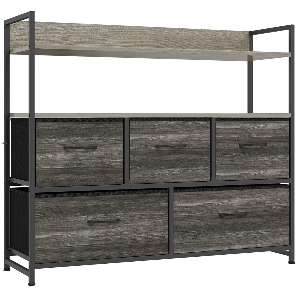 Commode 5 Tiroirs en Tissu Pliables, Meuble de Rangement avec Étagères Ouvertes, Plateau Supérieur, Gris-0