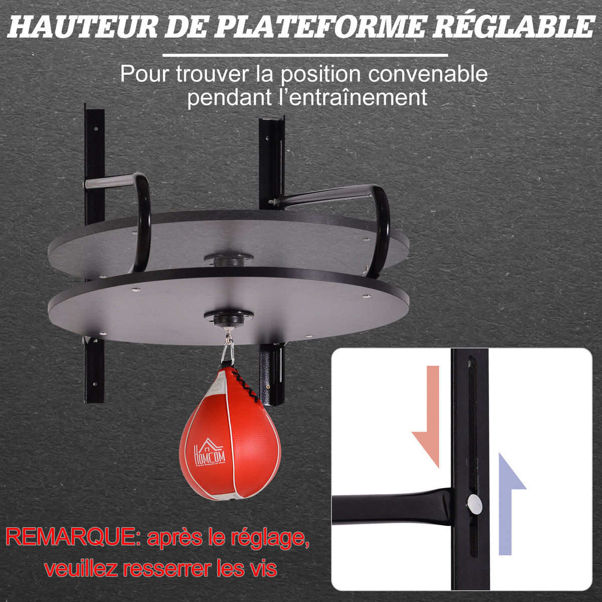 Punching Ball Poire de Vitesse Boxe avec Support Plateau tournant + Pompe en bois Hauteur Réglable Acier revêtement synthétique Rouge Noir-4