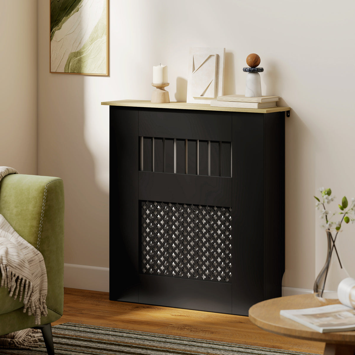Couvercle de Radiateur en Bois à Lattes avec Détails Croisés et Étagère Supérieure, 78 x 19 x 81 cm, Noir-7