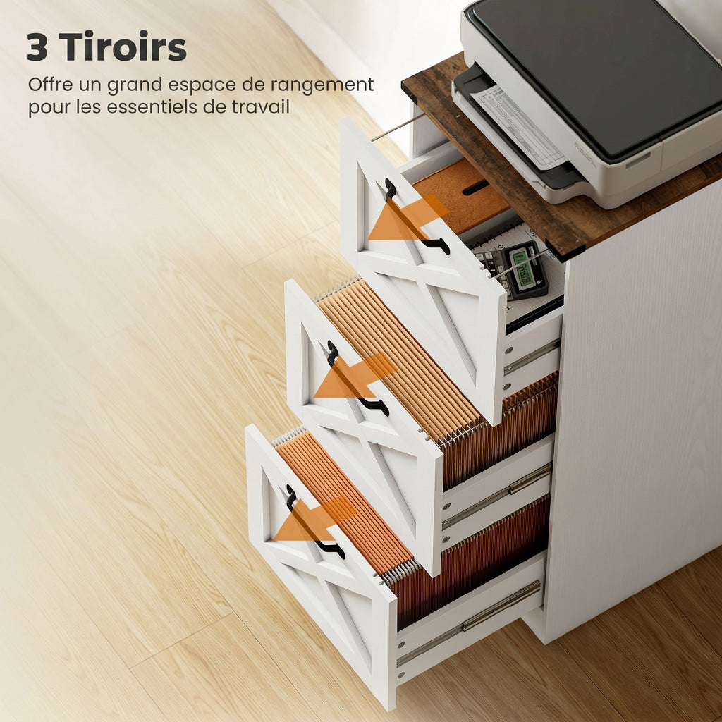 Caisson de Bureau avec 3 Tiroirs, Dossiers Suspendus pour Formats Lettre/A4, Style Rustique, 40x40x101cm, Blanc-4