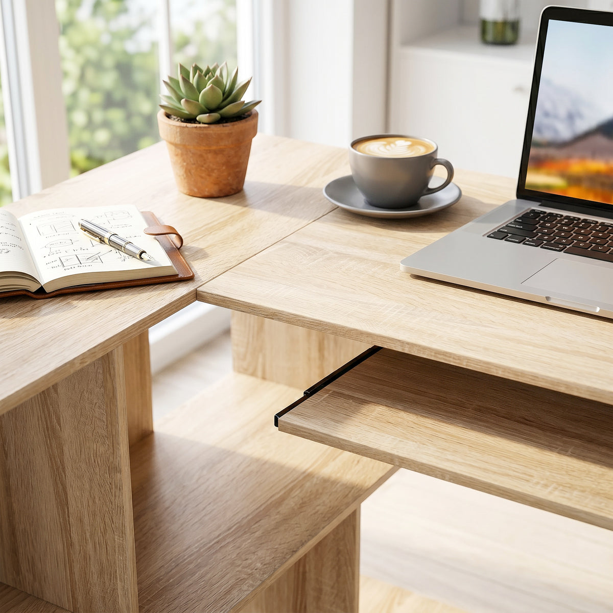 Bureau d'Angle, 120 x 100 x 76 cm, Bureau Informatique en L avec Plateau de Clavier, 4 Compartiments Ouverts, Naturel-8