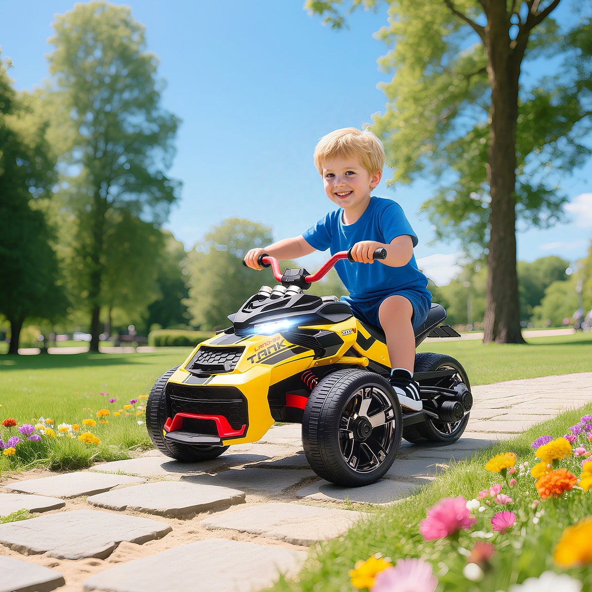 Quad électrique enfants voiture électrique enfants 12V 3 roues 2 moteurs lecteur MP3, klaxon, 2 vitesses 3-5 km/h jaune-1