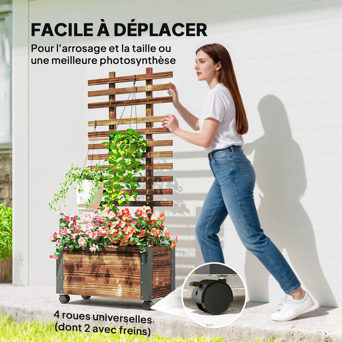 Jardinière avec treillis bac à fleurs avec film géotextile et roulettes 65 x 31 x 147 cm bois sapin pré-huilé-4