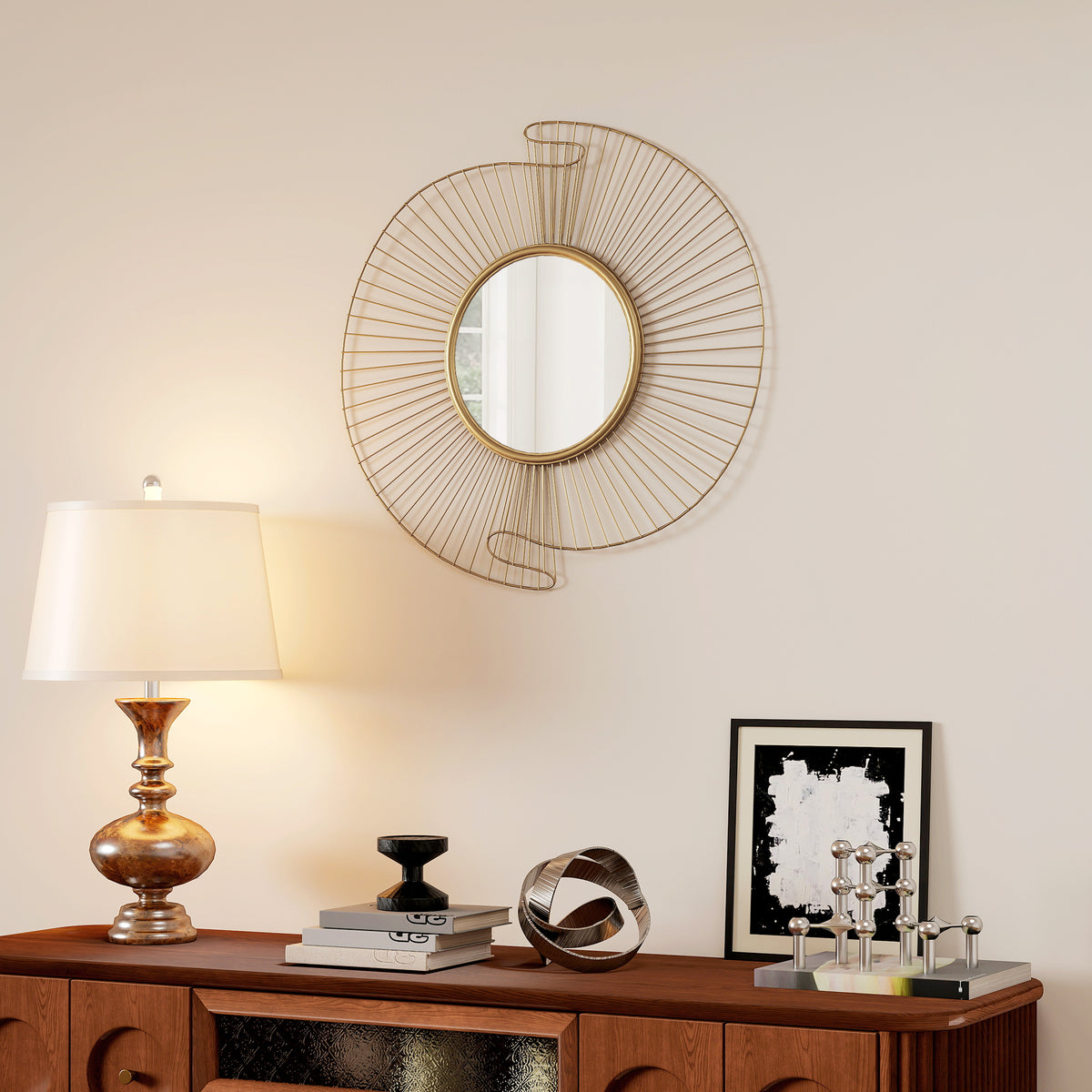 Miroir décoratif rond 60 cm avec fixation à 360°, décoration murale en métal moderne avec détails plissés, doré-8