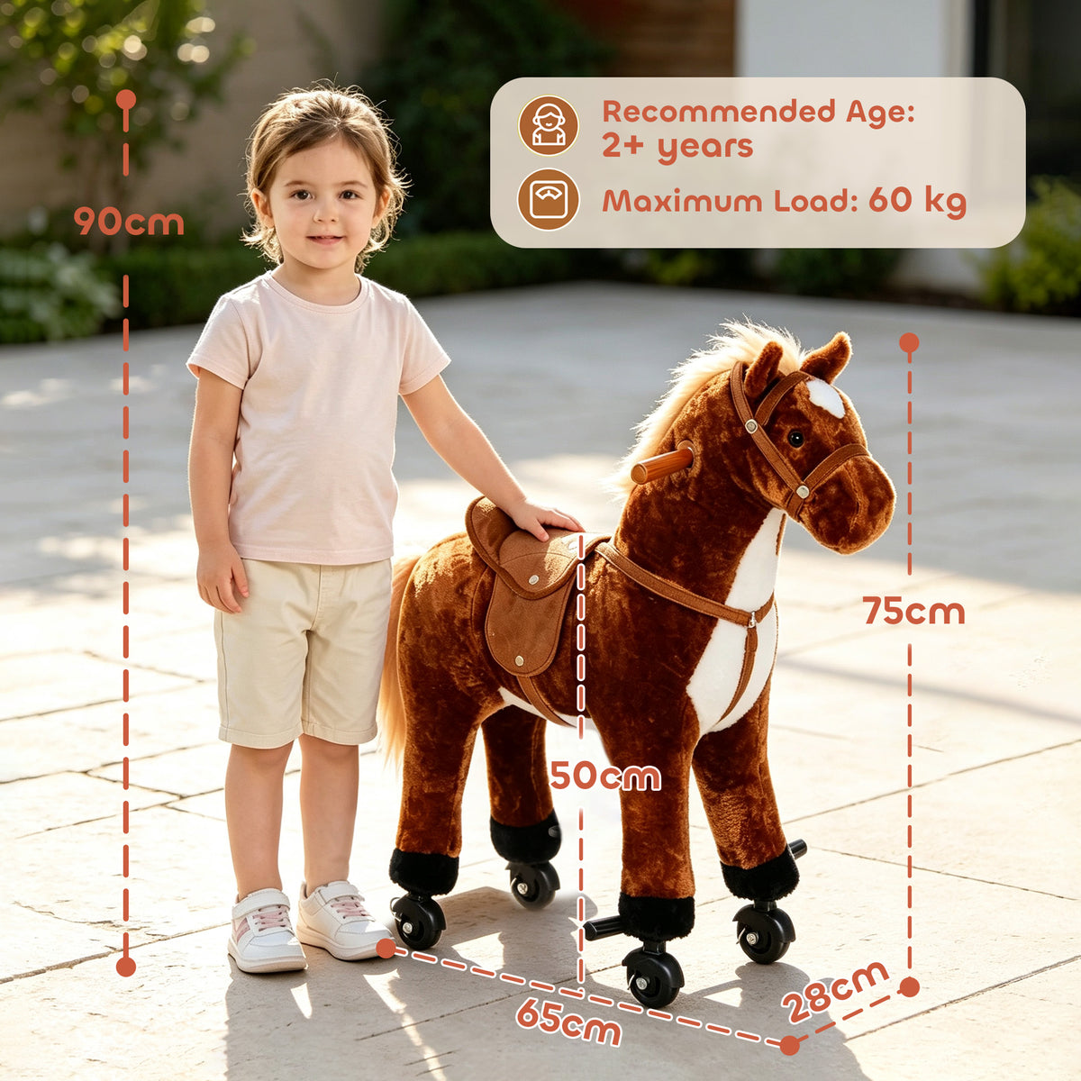 Cheval à Monter pour Enfant, Cheval à Roulettes en Peluche, Sons Réalistes, Poignée, 75 cm de Haut, Marron-2