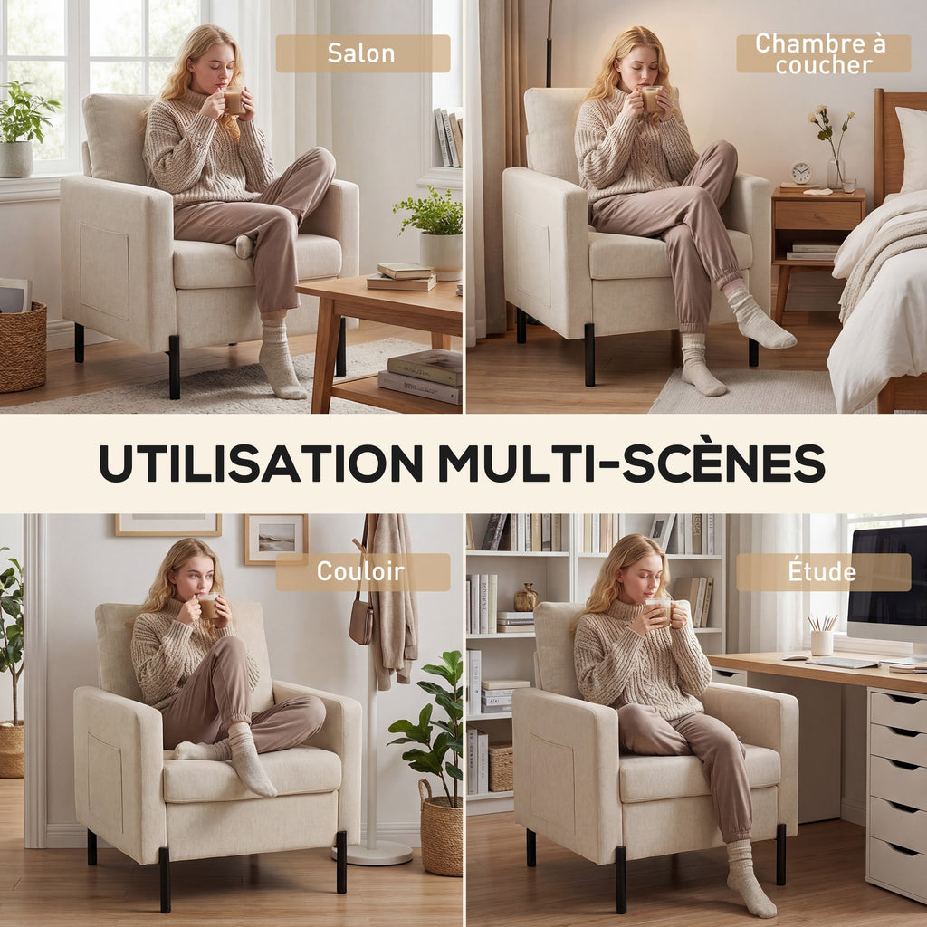 Fauteuil de salon, canapé 1 place rembourré avec accoudoirs, assise large et pieds en acier, 73 x 77 x 87 cm, beige-5