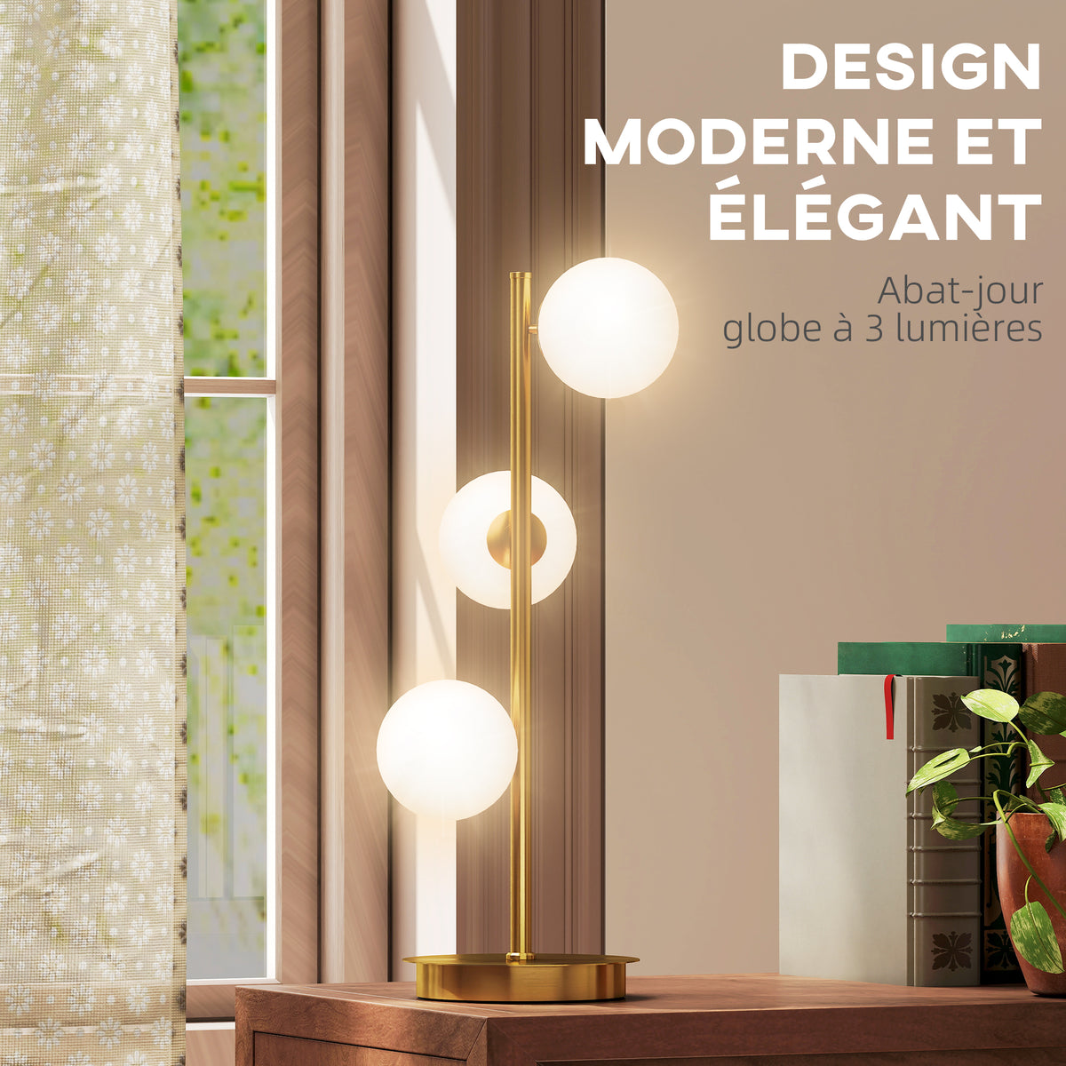 Lampe de chevet avec 3 abat-jours globe, lampe de table moderne avec base en acier et douilles G9, 53H cm, ton laiton-3