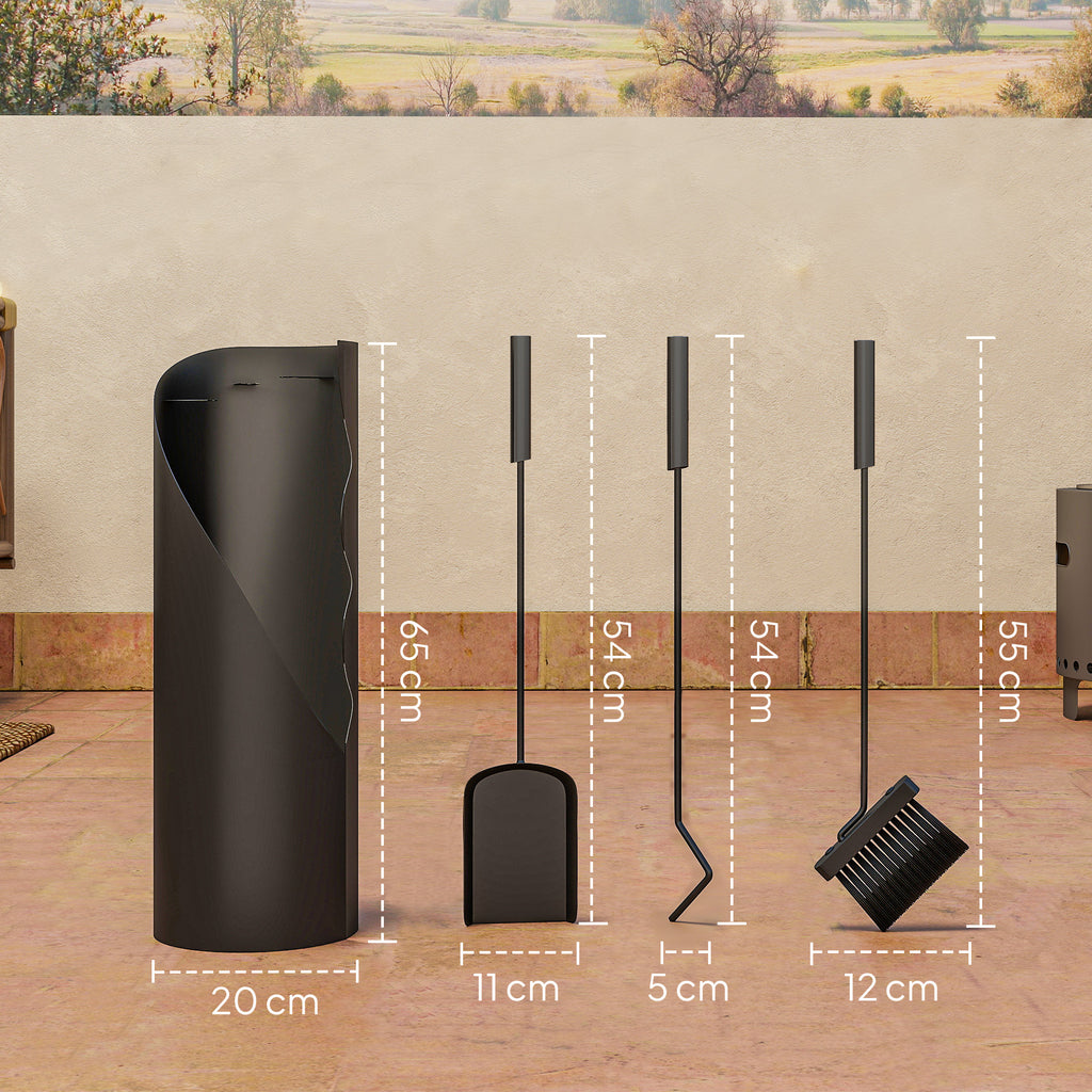 Ensemble serviteur de cheminée 4 pièces avec balai, pelle, tisonnier et support,  en métal 20 x 20 x 65 cm, noir-2