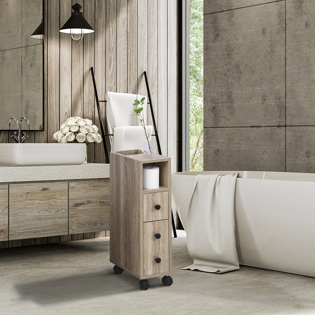 Porte-Papier Toilette 3 Niveaux avec Sortie Intégrée, Panneaux de Particules Aspect chêne Clair-6