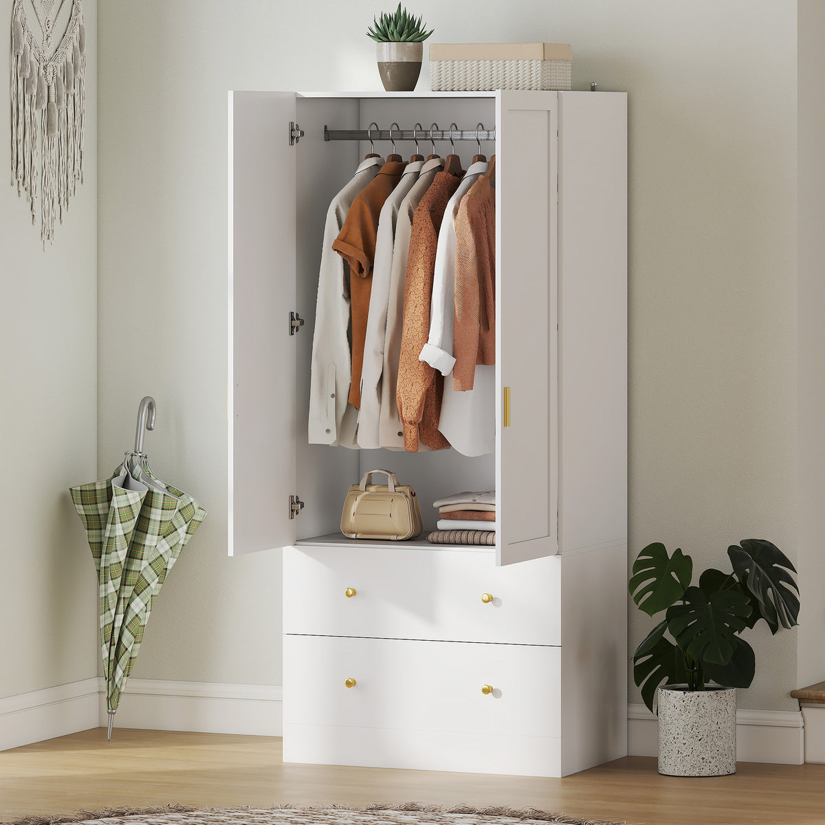 Armoire chambre penderie avec miroir, 2 portes, 2 tiroirs et barre de suspension, 80 x 50 x 180 cm, blanc-9
