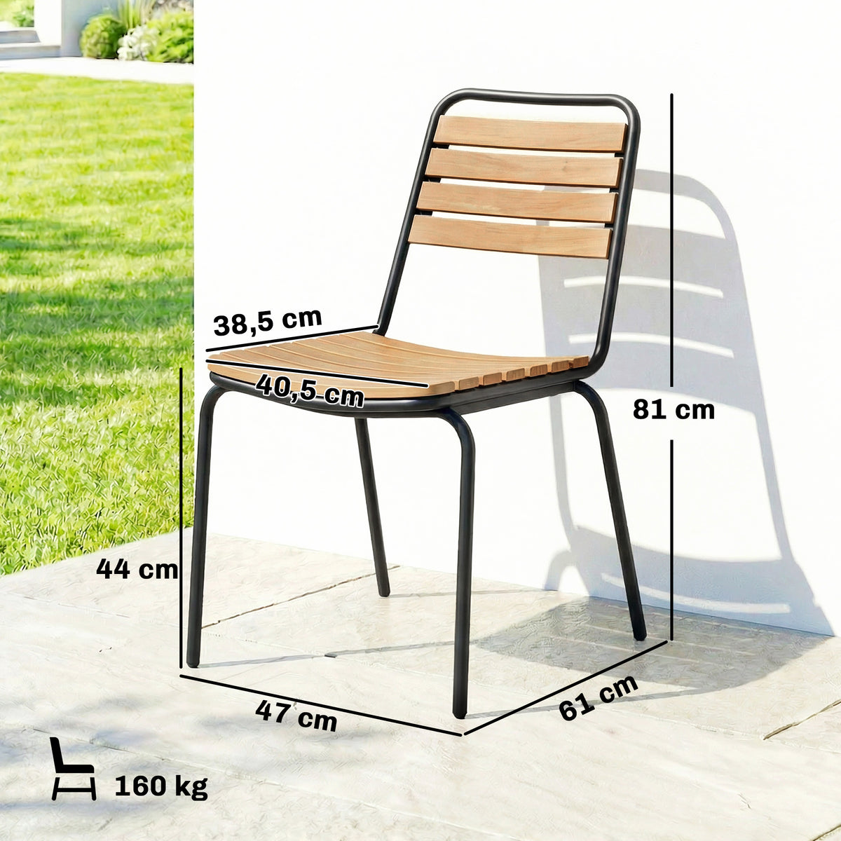 Lot de 2 Chaises de Jardin Empilables, Assise et Dossier en Bois Massif à Lattes, Cadre en Acier, 61x47x81cm, Naturel-2