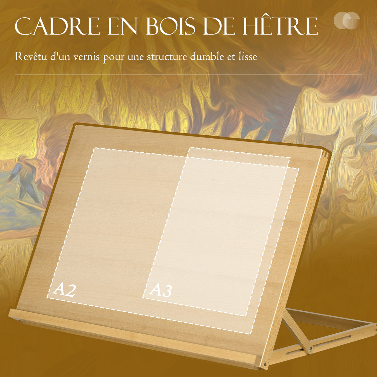 Chevalet de table en bois pour formats A2, chevalet de table réglable en bois de hêtre, 75,8x51,4x51cm, bois naturel-3